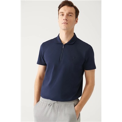 Avva Erkek Lacivert %100 Pamuk Fermuarlı Standart Fit Normal Kesim Polo Yaka T-shirt E001034