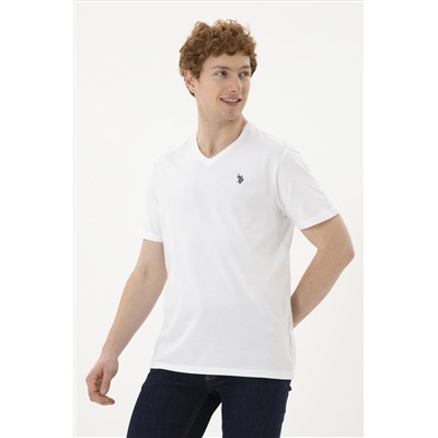 Erkek Regular Fit V Yaka Beyaz Basic Tişört
