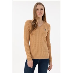 Kadın Camel V Yaka Basic Kazak