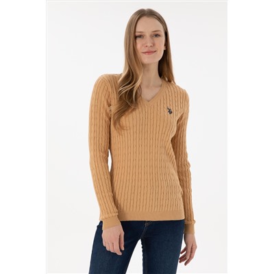 Kadın Camel V Yaka Basic Kazak
