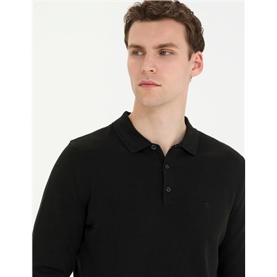 Siyah Slim Fit Polo Yaka Basic Triko Kazak
