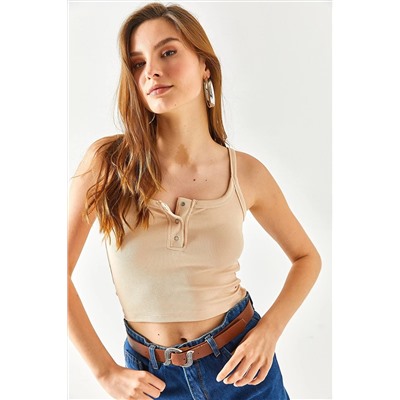 Olalook Kadın Bej Patlı Askılı Crop Fitilli Bluz BLZ-19002339