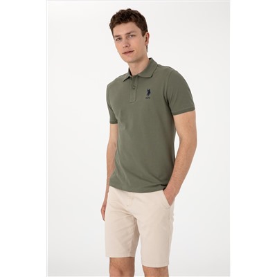 Erkek Slim Fit Polo Yaka Koyu Haki Basic Tişört