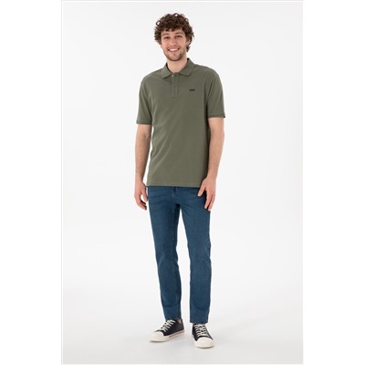 Erkek Regular Fit Polo Yaka Koyu Haki Basic Tişört