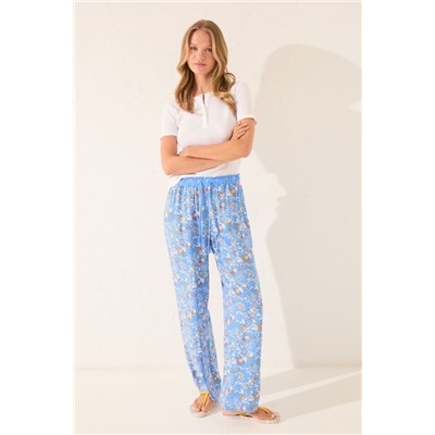 Pantalón largo viscosa flores azul