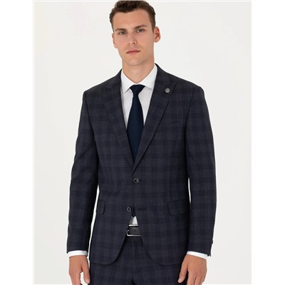 Lacivert Ekose Yün Karışımlı Ekstra Slim Fit Takım Elbise