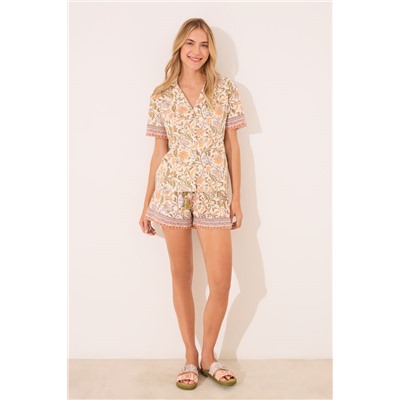 Pijama corto camisero algodón flores