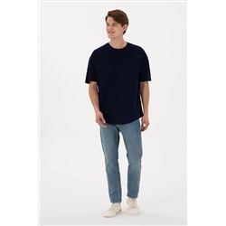 Erkek Long Fit Bisiklet Yaka Lacivert Basic Tişört