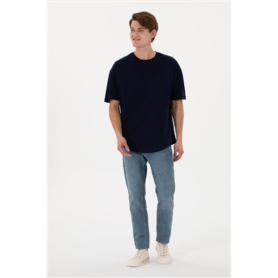 Erkek Long Fit Bisiklet Yaka Lacivert Basic Tişört