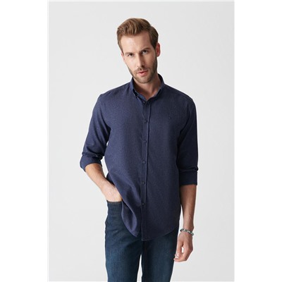 Lacivert Basic Düğmeli Yaka Pamuklu Comfort Fit Rahat Kesim Gömlek