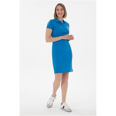 Kadın Saks Polo Yaka Mini Boy Örme Elbise
