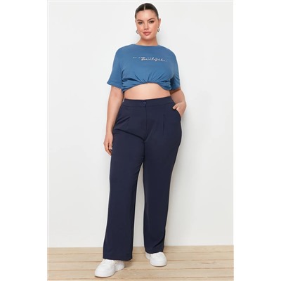 Trendyol Curve Lacivert Yüksek Bel Pileli Dokuma Pantolon TBBSS22PL0448