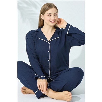 Siyah İnci Lacivert-ekru Pamuklu Büyük Beden Battal Düğmeli Biyeli Pijama Takımı 7600