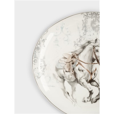 Тарелка закусочная, 21 см, фарфор N, белая, с серебристым кантом, Конь, White horse