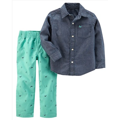 2-Piece Chambray Top & Canvas Pant Set
