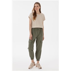 Kadın Koyu Haki Jogger Fit Kanvas Pantolon