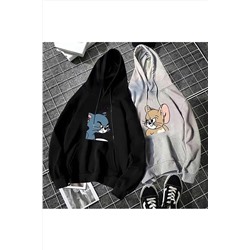 SAVO GİYİMSiyah Gri Tom ve Jerry Baskılı Ikili Kadın Erkek Oversize Kapşonlu Sweatshirt