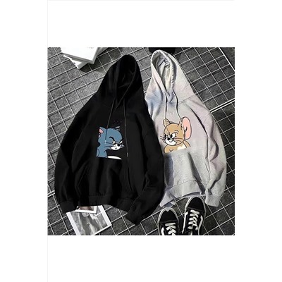 SAVO GİYİMSiyah Gri Tom ve Jerry Baskılı Ikili Kadın Erkek Oversize Kapşonlu Sweatshirt