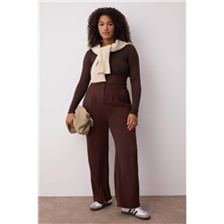 Kahverengi Lastikli Yüksek Bel Pileli Wide Leg Dokuma Pantolon TBBSS22PL0448