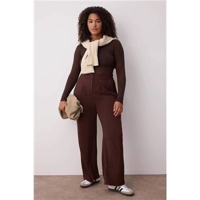 Kahverengi Lastikli Yüksek Bel Pileli Wide Leg Dokuma Pantolon TBBSS22PL0448