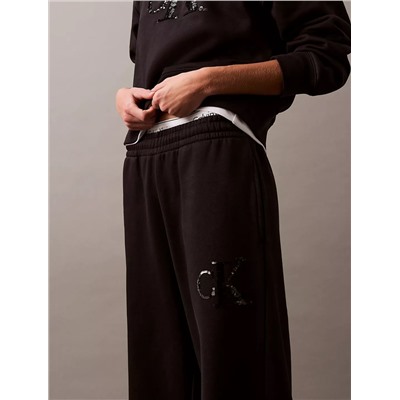 Sequin Monogram Logo Fleece Wide Leg Sweatpants