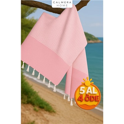 Calmera, Çizgili Peştemal | Pamuk - Doğal Saçaklı | Plaj, Havuz, Spa, Sauna, Spor, Seyahat Havlusu - Pembe