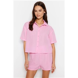 TRENDYOLMİLLA Açık Pembe Lastik Detaylı Gömlek-Şort Dokuma Pijama Takımı THMSS23PT00191