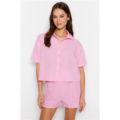 TRENDYOLMİLLA Açık Pembe Lastik Detaylı Gömlek-Şort Dokuma Pijama Takımı THMSS23PT00191