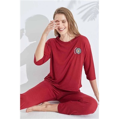 Siyah İnci bordo Soft Touch İnce Örme Nakışlı Pijama Takım 7626