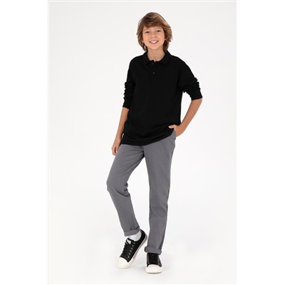 Erkek Çocuk Siyah Basic Polo Yaka Sweatshirt