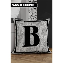 SasoHome Gri Harfli Kırlent Yastık Kılıfı - B Harfi - Gri Zemin Dekoratif Hediyelik Kırlent Kılıfı Saso-3003