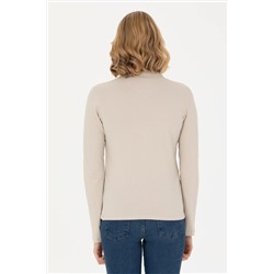 Kadın Bej Polo Yaka Basic Sweatshirt