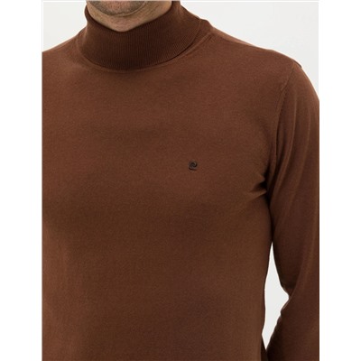 Kahverengi Slim Fit Balıkçı Yaka Basic Triko Kazak