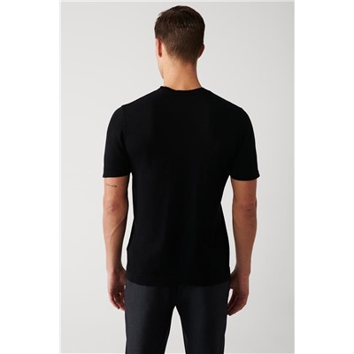Siyah Bisiklet Yaka Pamuklu Regular Fit Standart Kesim İnce Triko T-Shirt