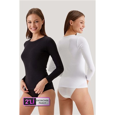 Pierre Cardin2'li Ekonomik Paket Siyah-beyaz 1028 Uzun Kollu Basic Pamuklu T-shirt / Atlet Set