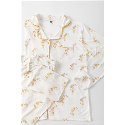 Çok Renkli Çiçek Desenli Biyeli Gömlek Yaka Dokulu Örme Pijama Takımı TBBAW26AI00039