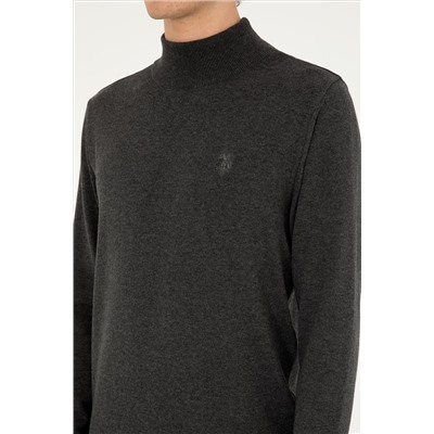 Erkek Slim Fit Yarım Boğazlı Antrasit Melanj Basic Kazak