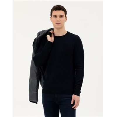 Koyu Lacivert Slim Fit Bisiklet Yaka Triko Kazak