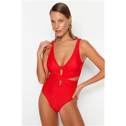 TRENDYOLMİLLA Kırmızı Derin Dekolteli Cut Out/Pencereli Normal Paça Mayo TBESS20MA0292