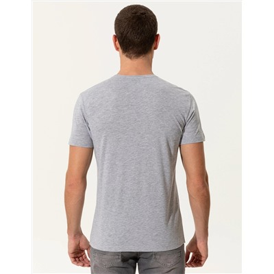 Açık Gri Melanj Slim Fit Baskılı Bisiklet Yaka Tişört