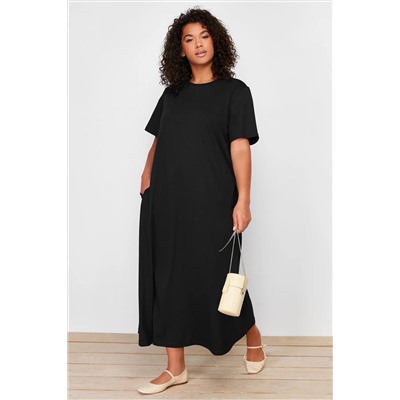 Siyah Midi %100 Pamuk Örme T-shirt Elbise TBBSS24AH00067