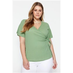 Koyu Mint Kruvaze Bağlama Detaylı Örme Bluz TBBSS23AH00126