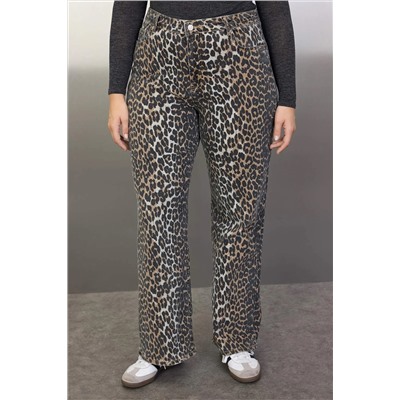 Çok Renkli Yüksek Bel Leopar Desenli Straight Fit Büyük Beden Jeans TBBAW25CJ00003