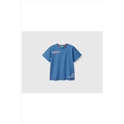 United Colors of BenettonErkek Çocuk Mavi Dikiş Detaylı Slogan Baskılı T-shirt