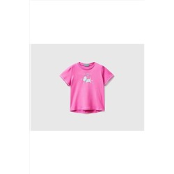 United Colors of BenettonKız Çocuk Fuşya Su Baskılı Aplikeli T-shirt