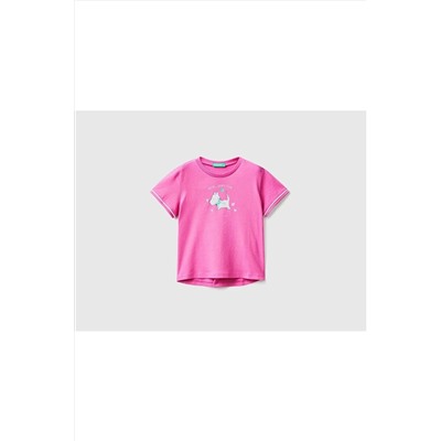 United Colors of BenettonKız Çocuk Fuşya Su Baskılı Aplikeli T-shirt