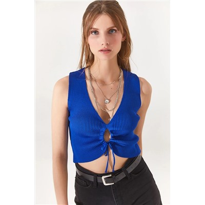 Olalook, Kadın Saks Mavi V Yaka Dekolteli Büzgülü Crop Triko Bluz BLZ-19002290