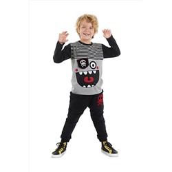 Denokids Çizgili Korsan Erkek Çocuk Gri T-shirt Siyah Pantolon Takım CFF-23S1-055