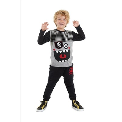 Denokids Çizgili Korsan Erkek Çocuk Gri T-shirt Siyah Pantolon Takım CFF-23S1-055