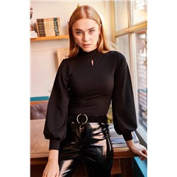 Olalook Kadın Siyah Önü Damla Balon Kol Krep Bluz BLZ-19000708